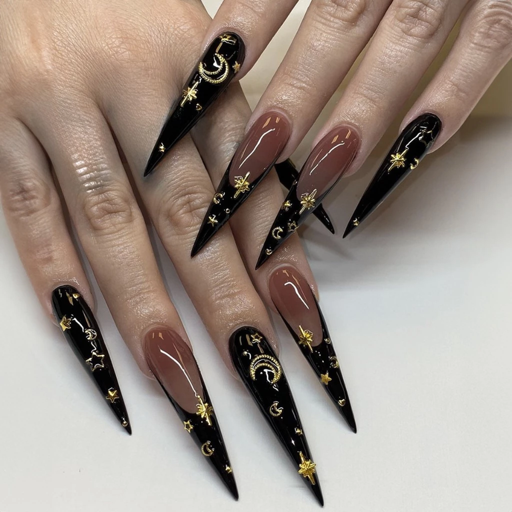 Long witchy halloween press on nails with moon and star design