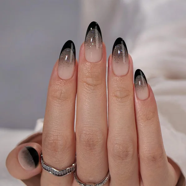 Black French Fade Ombre Nails Nude