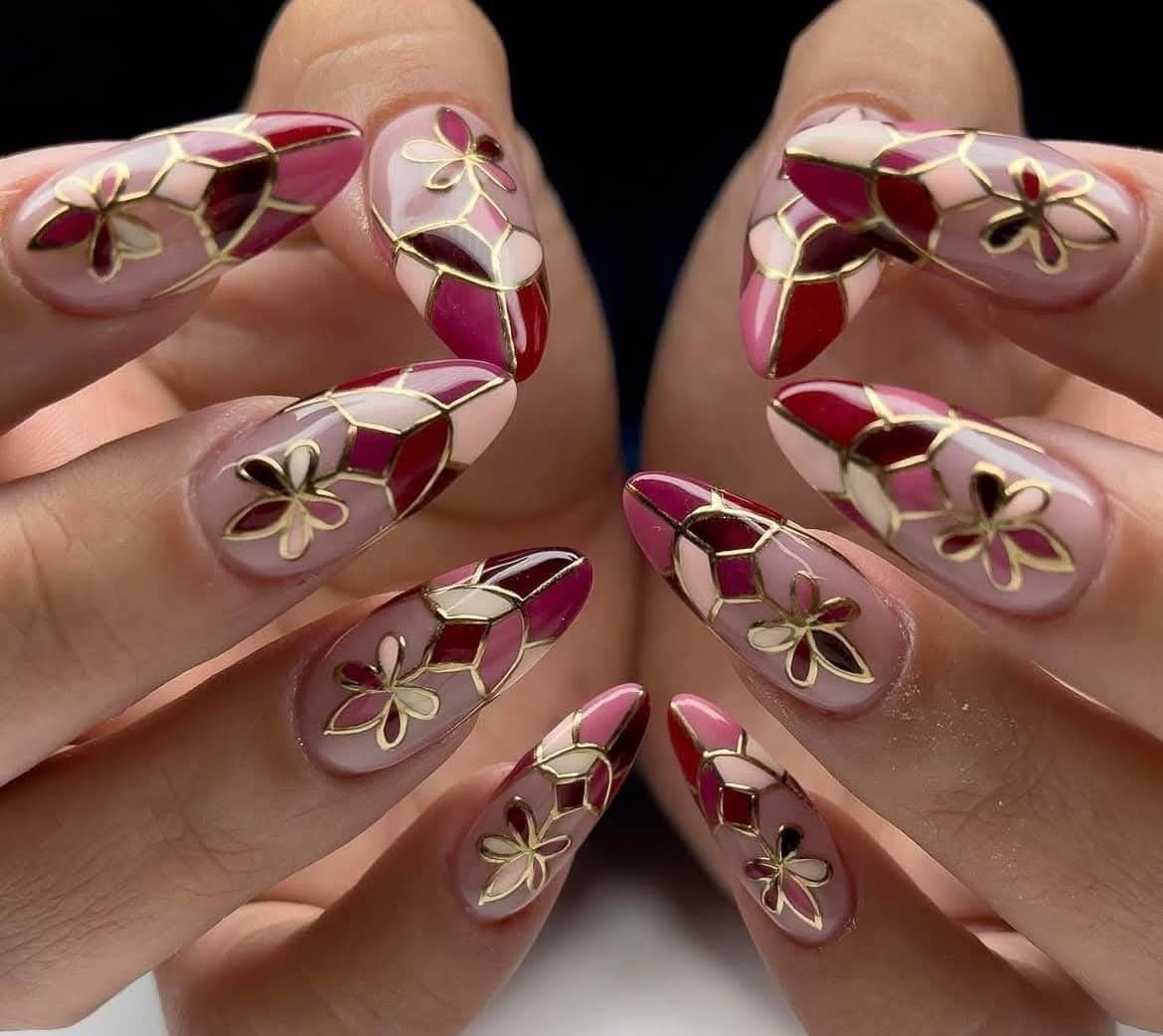 Burgundy Stained Glass Nail Art
