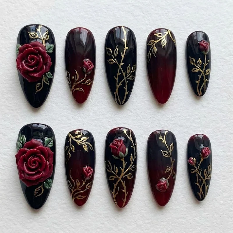 Dark Red Rose Thorn Vine Nail Art