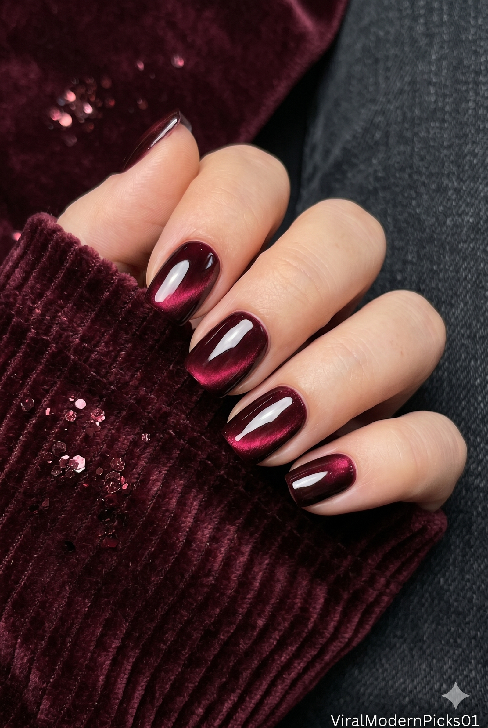 Burgundy Velvet Magnetic Nails
