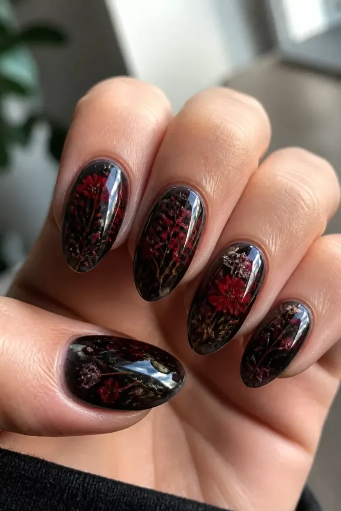 Dried Flower Nail Art Dark Moody