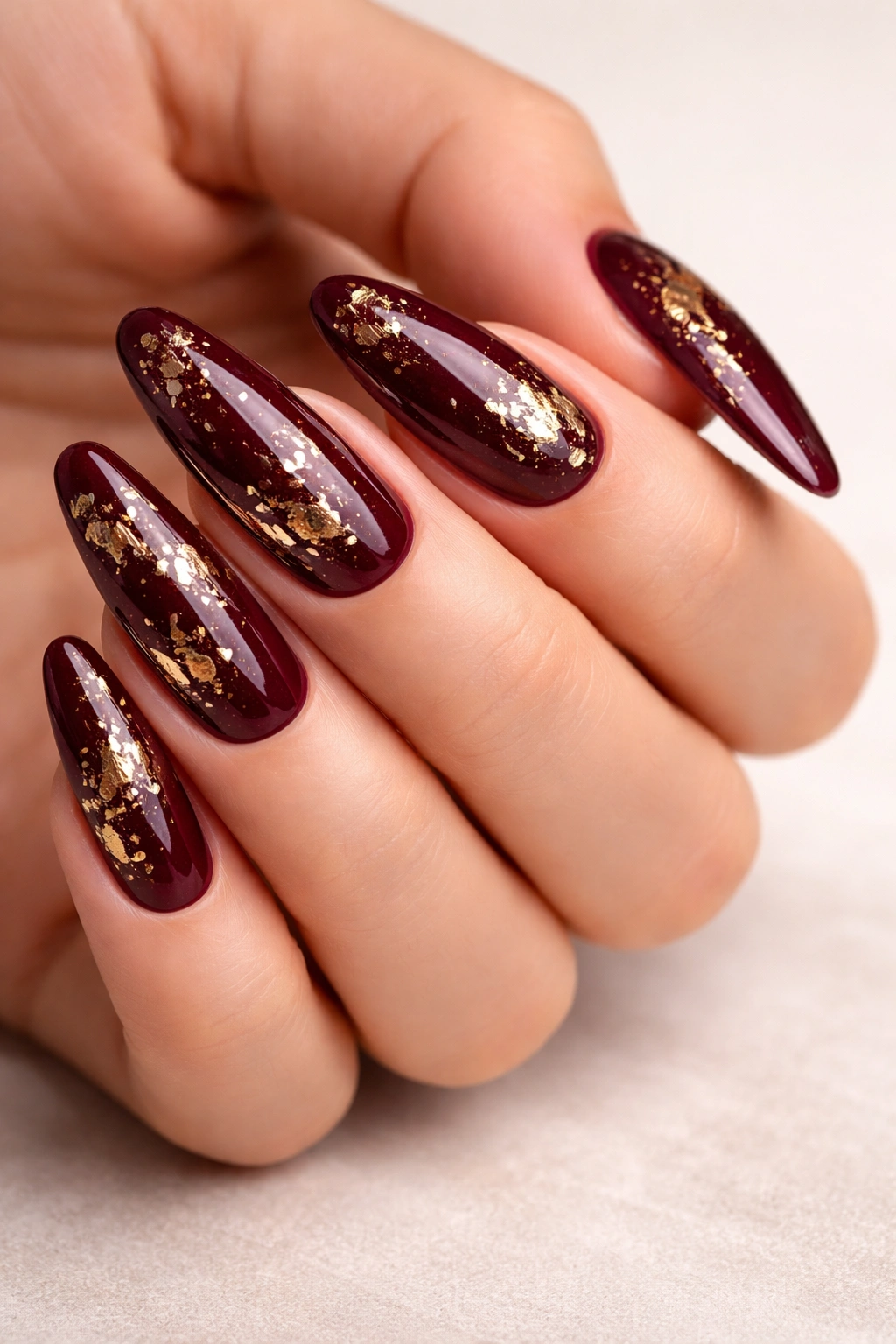 Burgundy Nails Gold Foil Accent