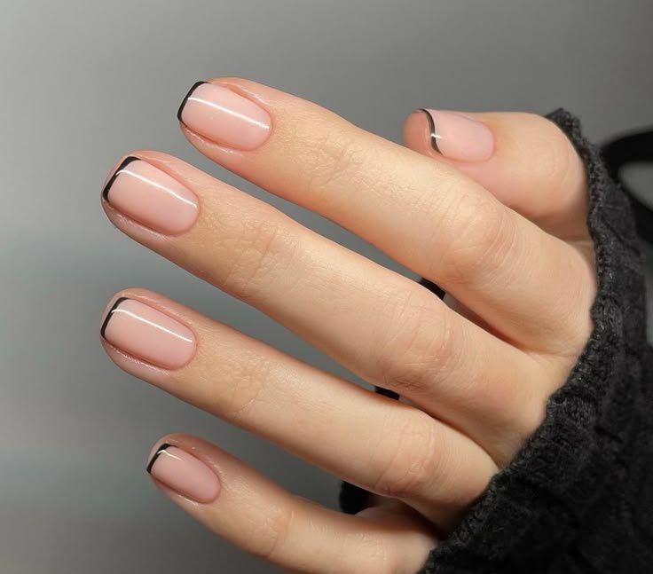 Nude square nails with black micro French tips