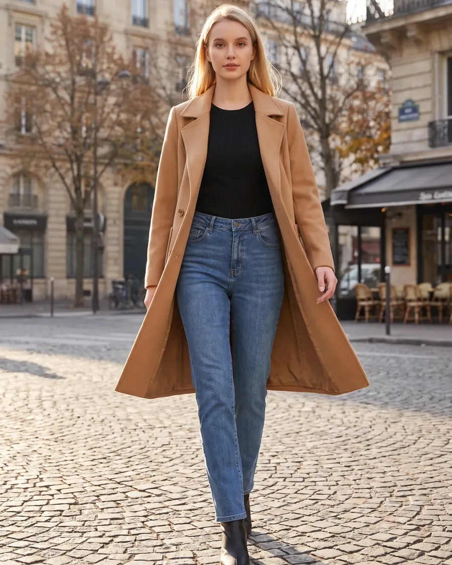 Woman wearing classic camel wool coat