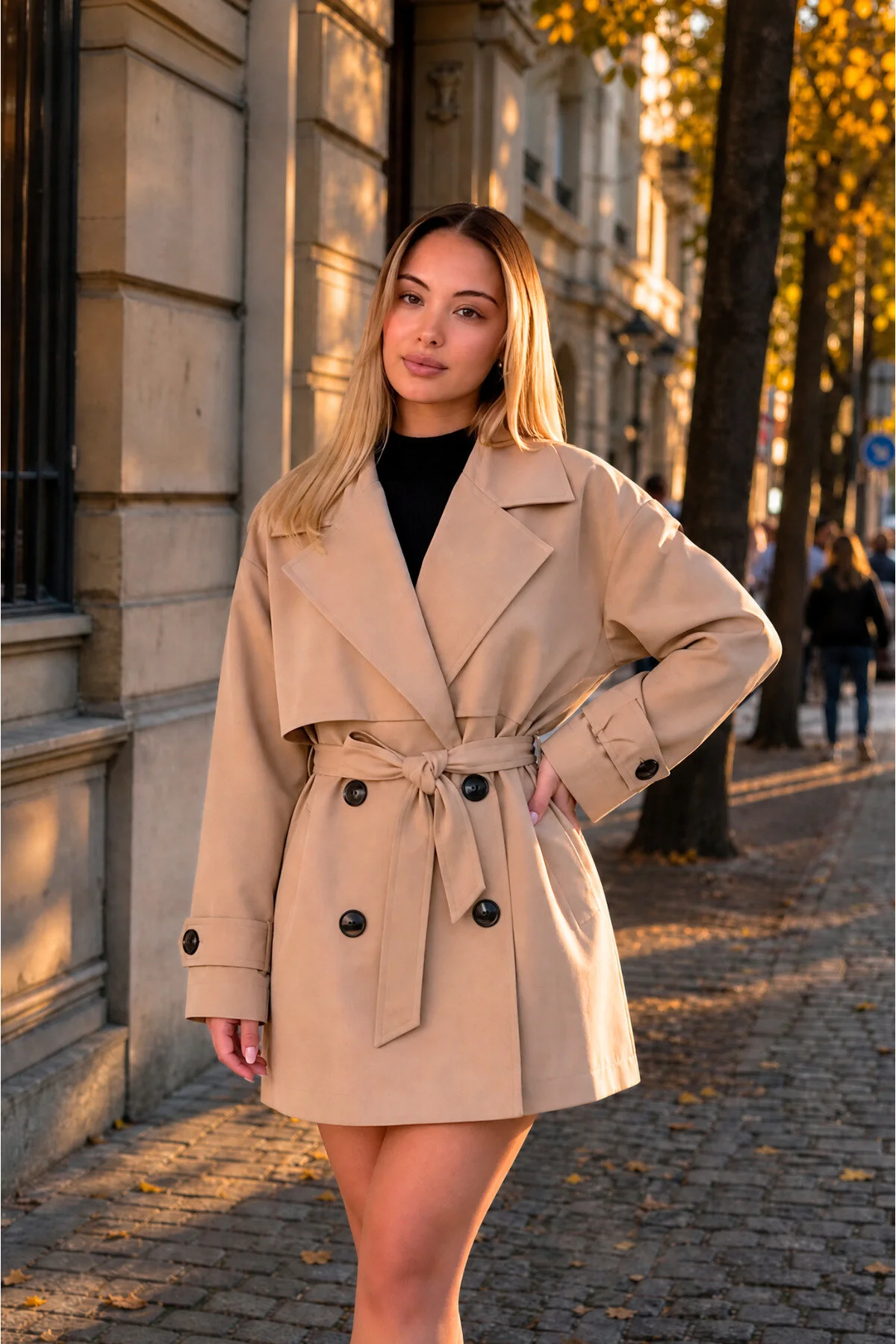 Woman in classic beige trench coat