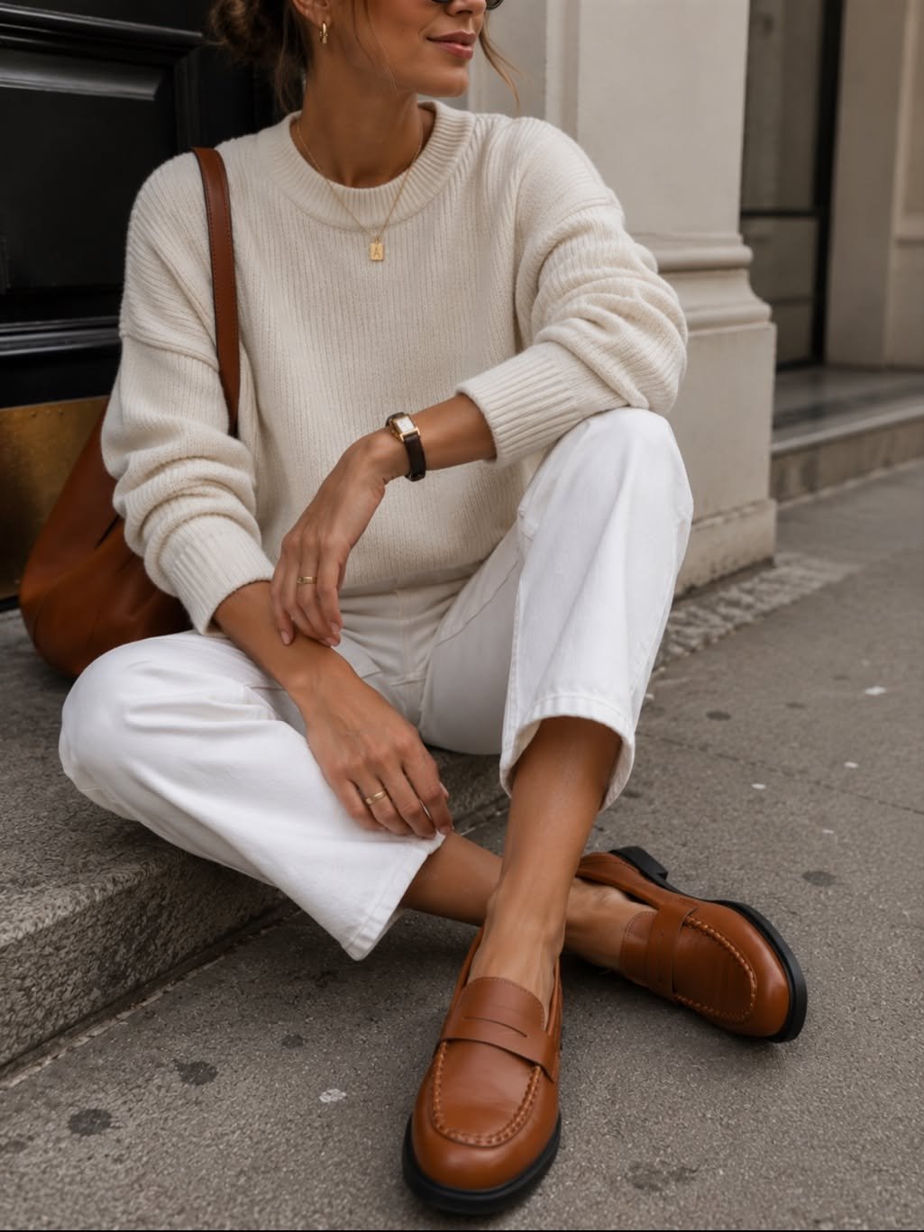Woman wearing tan leather loafers