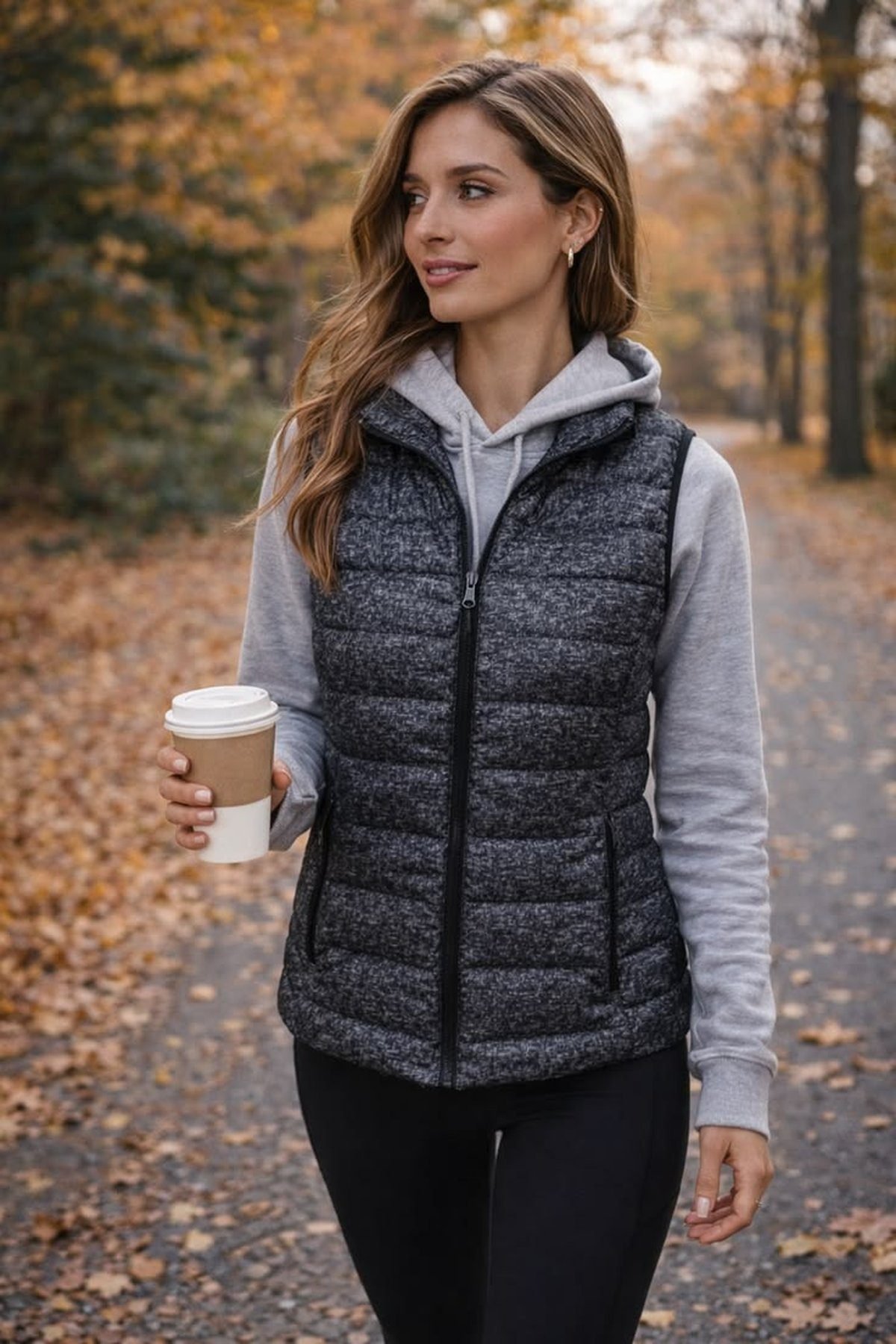 Woman wearing a quilted vest over a hoodie with leggings and sneakers