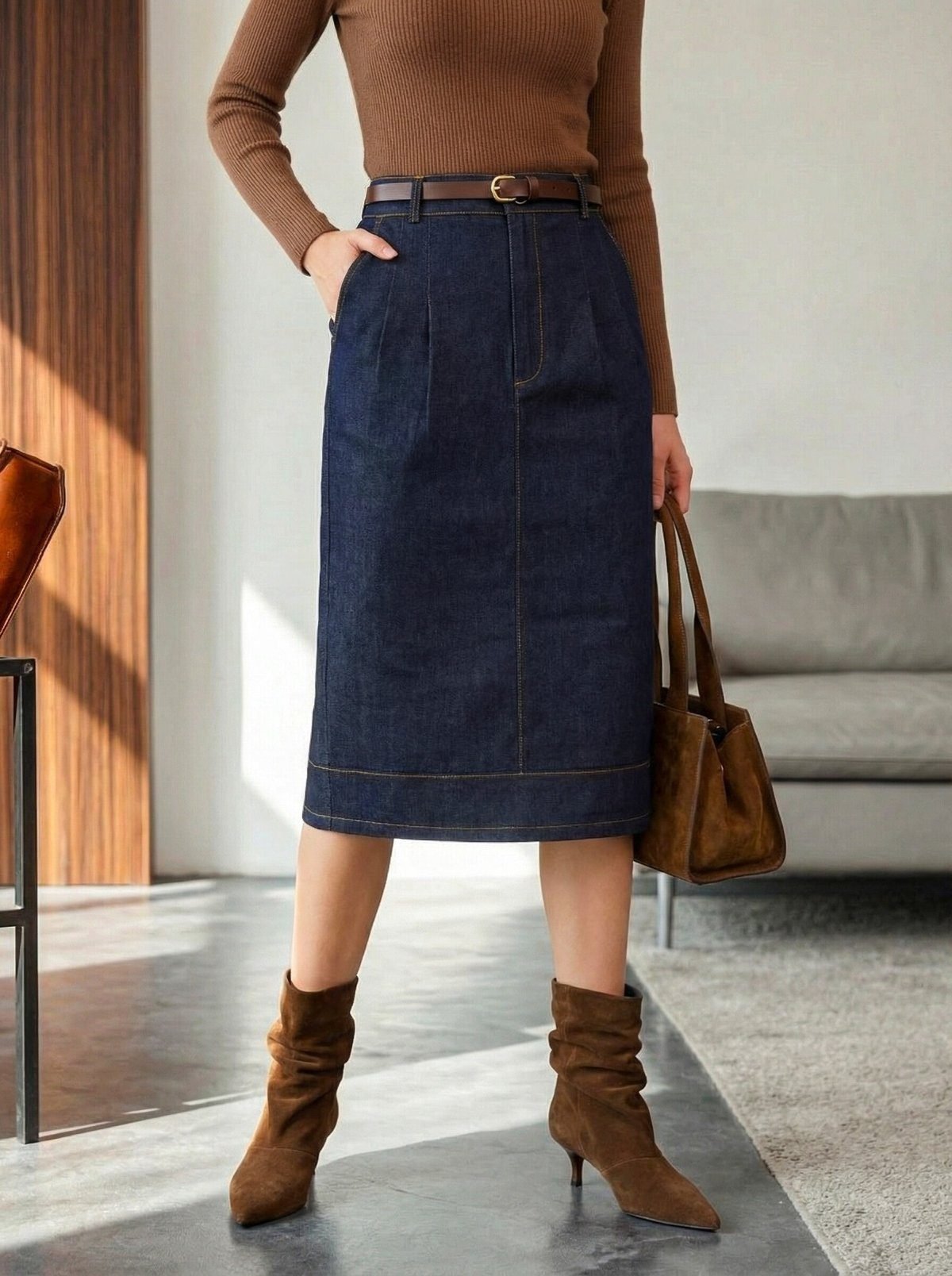 Woman wearing a denim midi skirt with tall brown boots and a knit top