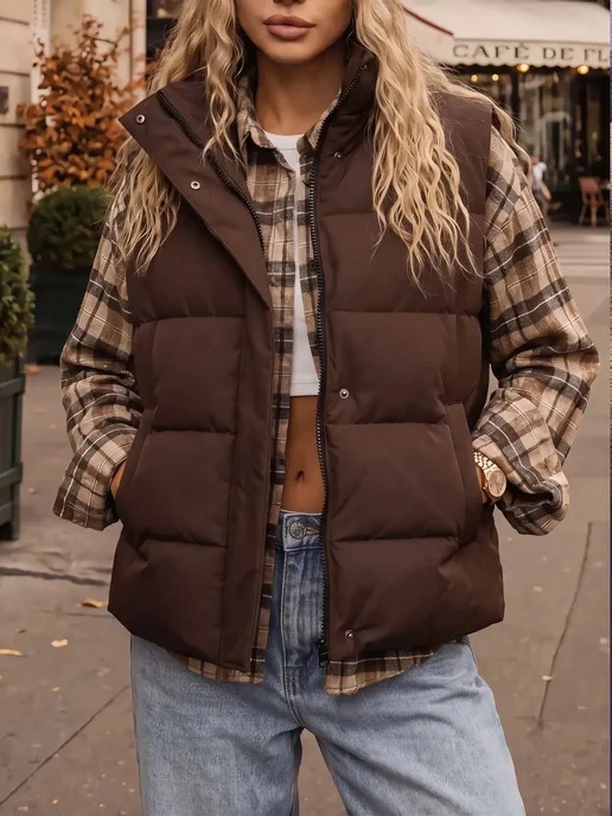 Woman in a puffer vest with a flannel shirt and dark jeans