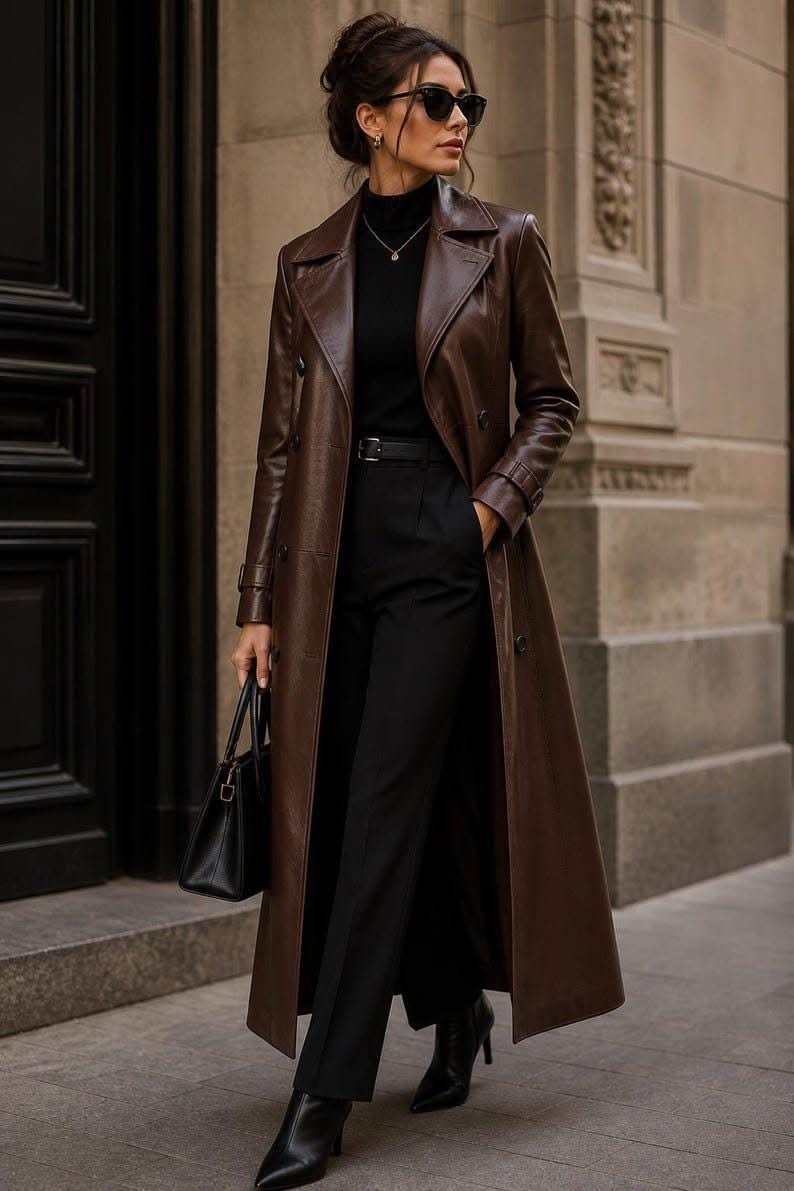 Trench coat with black turtleneck and leather pants fall street style