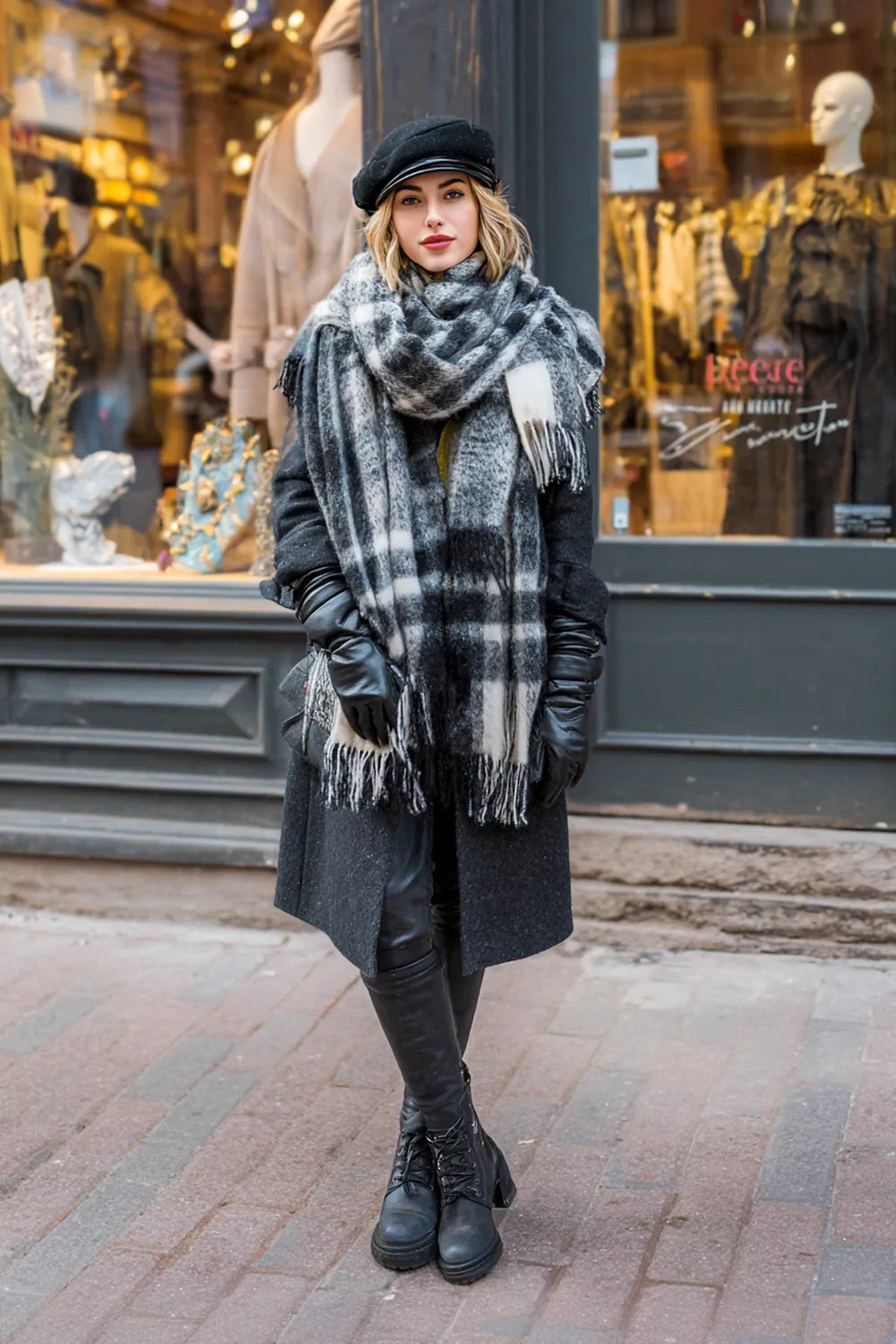 Woman in a black coat with a plaid scarf, New York winter outfit