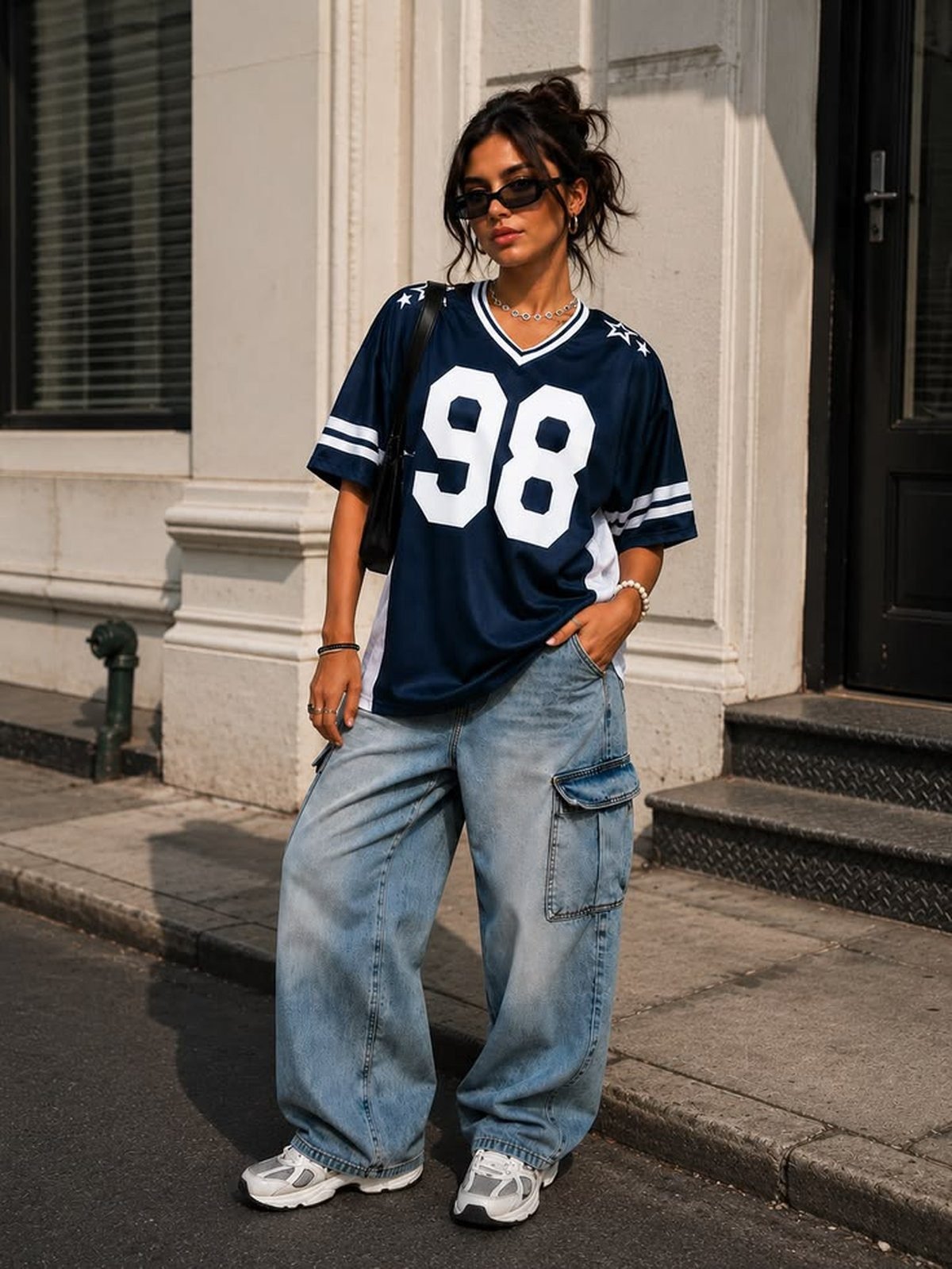 Woman pairing an oversized jersey with baggy jeans and sneakers