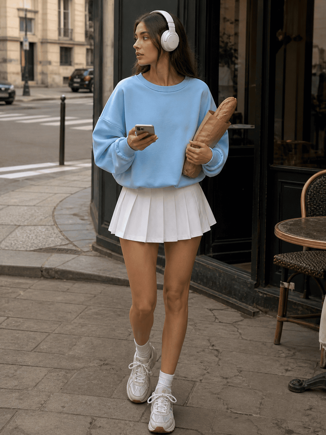 Woman wearing a tennis skirt with a sweatshirt