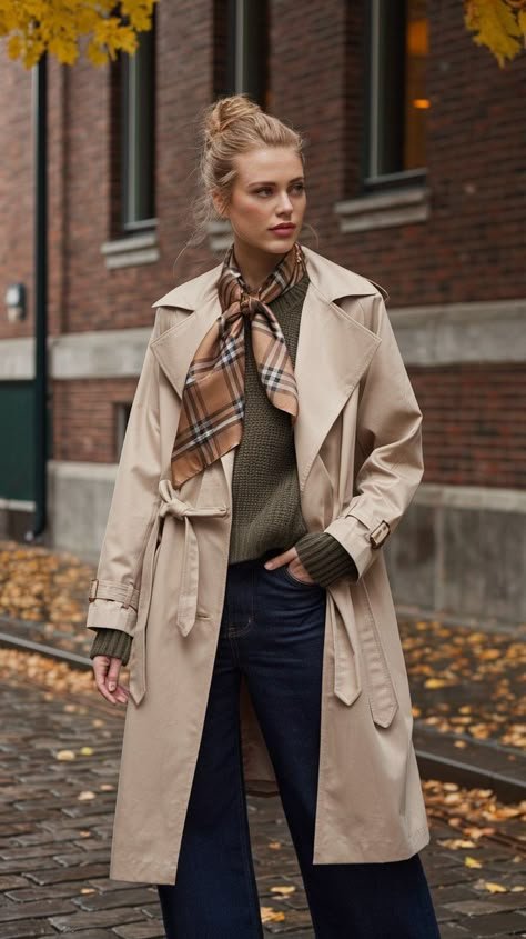 Trench coat with plaid scarf fall parisian style