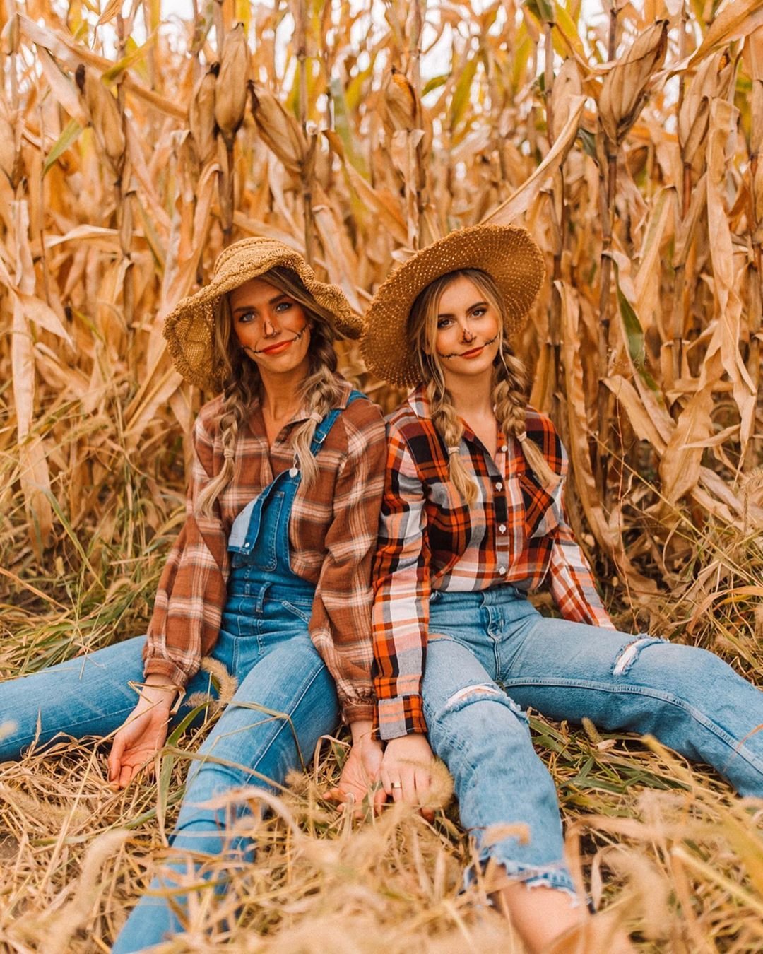 Woman in farm girl costume with jeans and plaid shirt