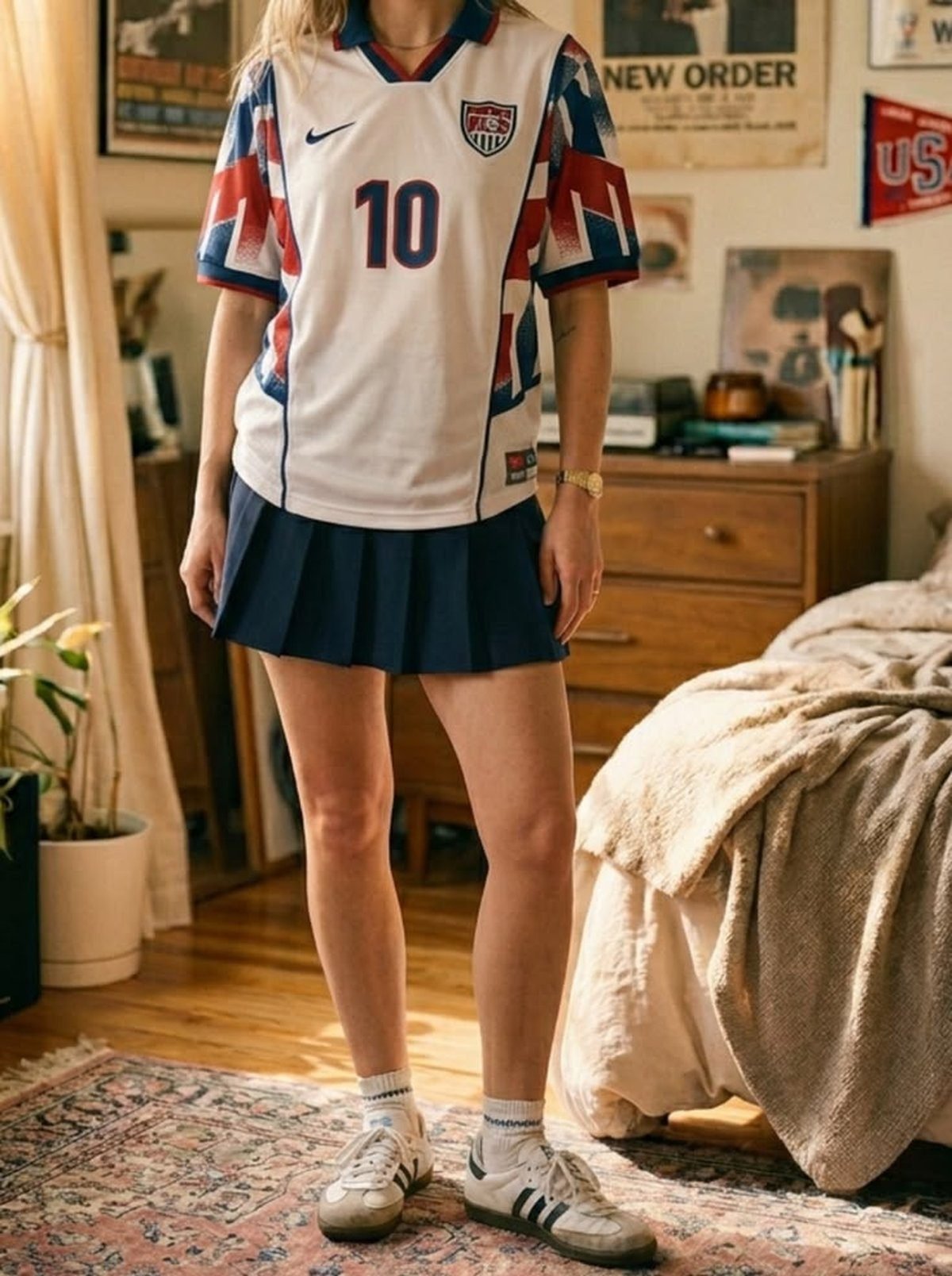 Woman wearing an oversized jersey with a pleated mini skirt