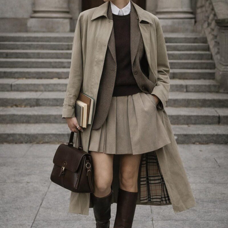 Trench coat with sweater vest and pleated skirt fall preppy outfit