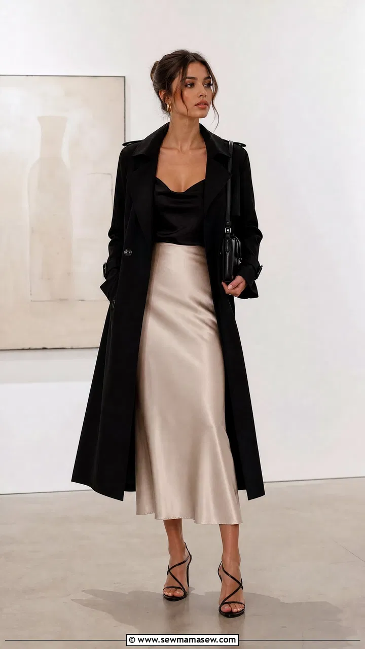Trench coat with satin skirt and heels fall evening outfit