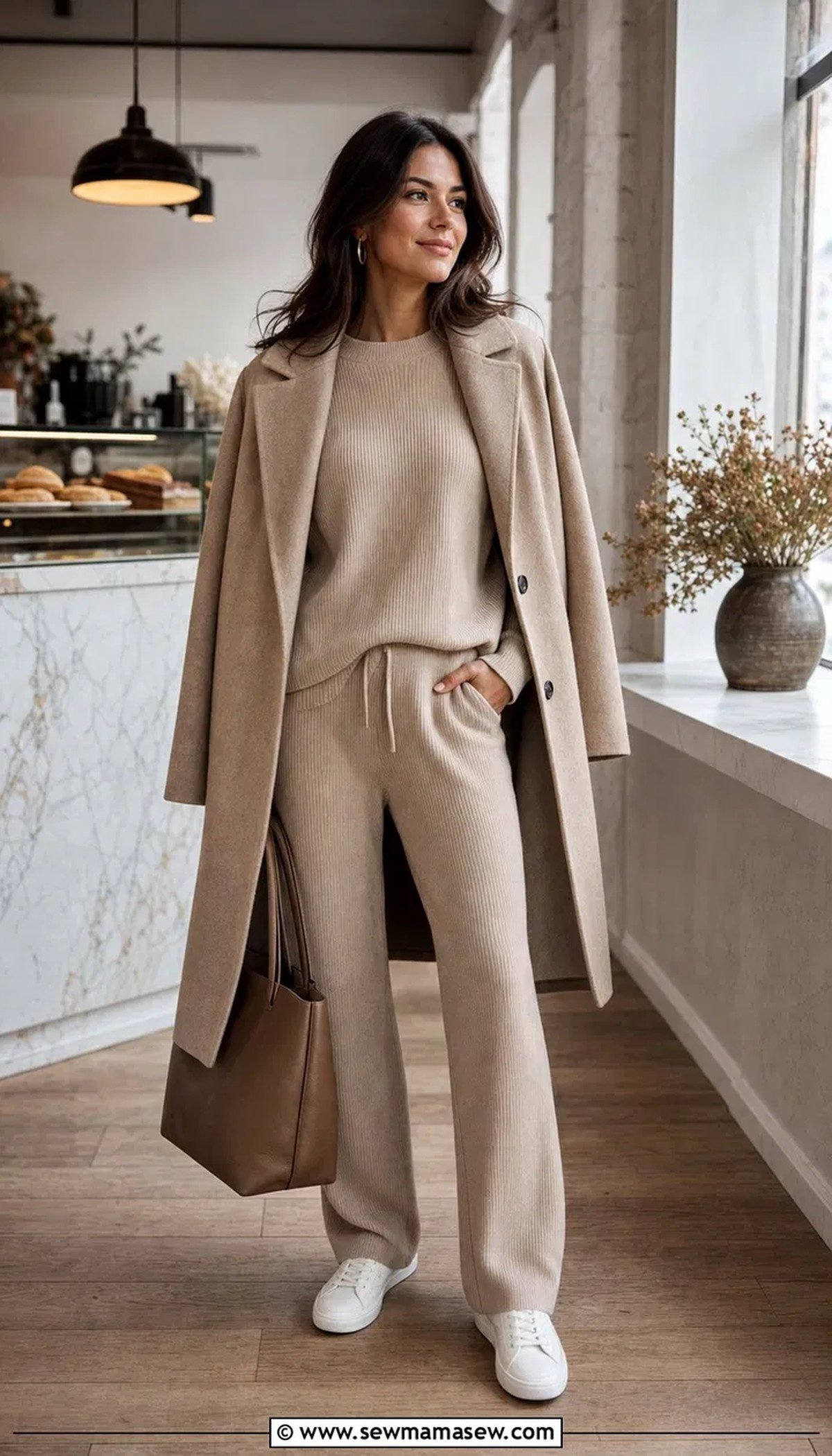 Woman in a matching knit set with a long coat for winter