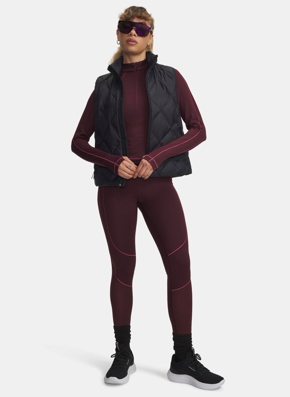 Insulated vest over long-sleeve base winter training outfit
