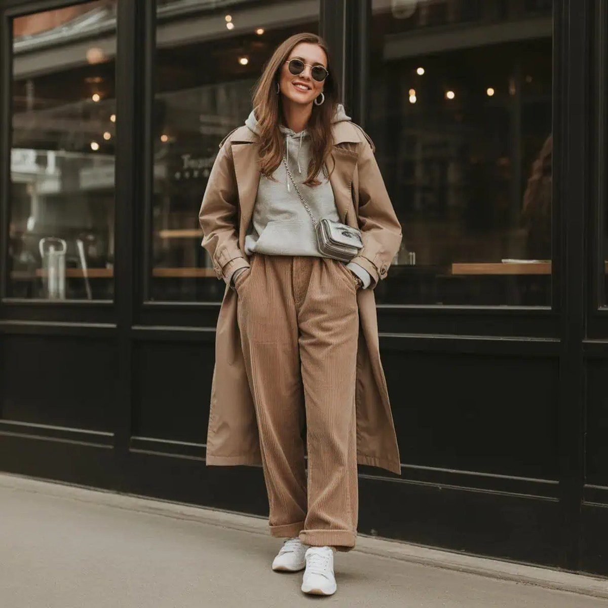 Woman in a trench coat shopping in the city in winter