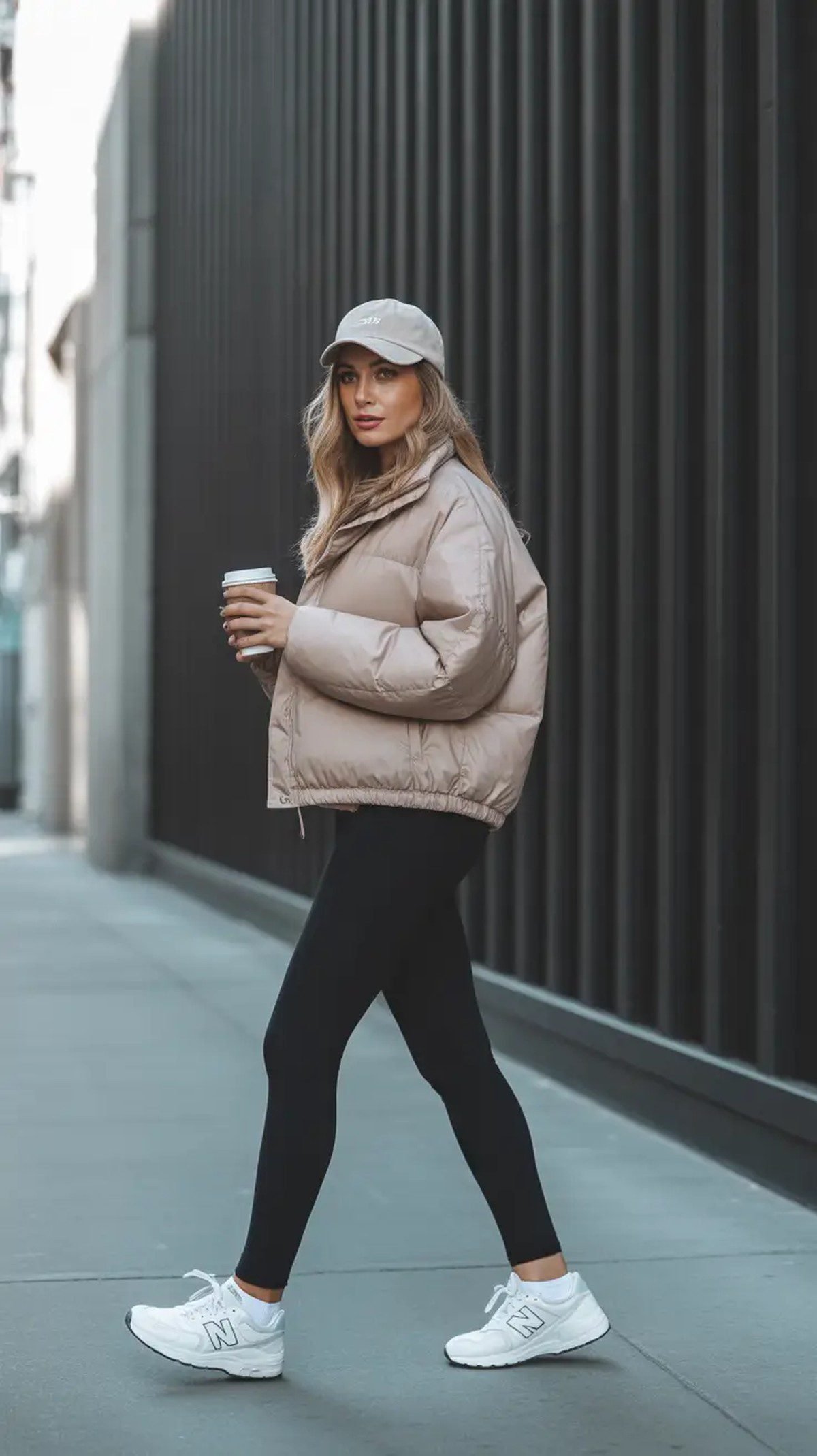 Woman in a cozy winter outfit for a coffee run