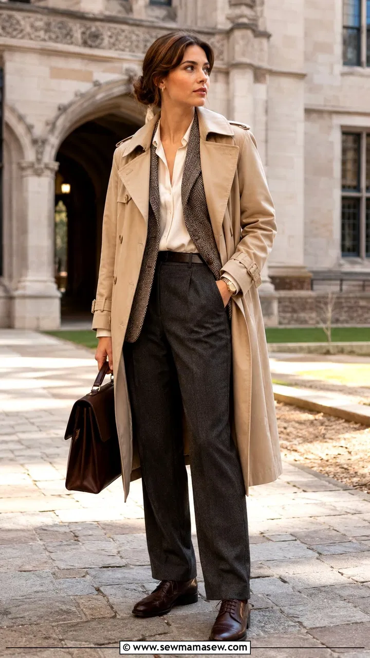 Trench coat layered over blazer fall work outfit