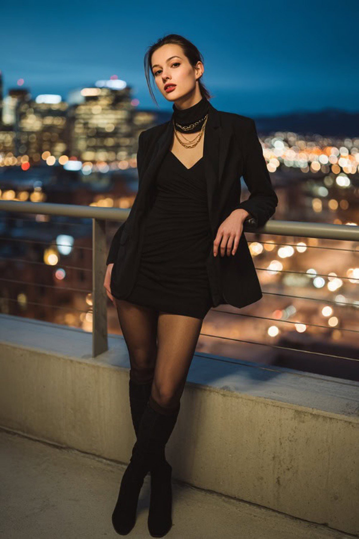 Woman in a coat dress and boots for a winter rooftop bar