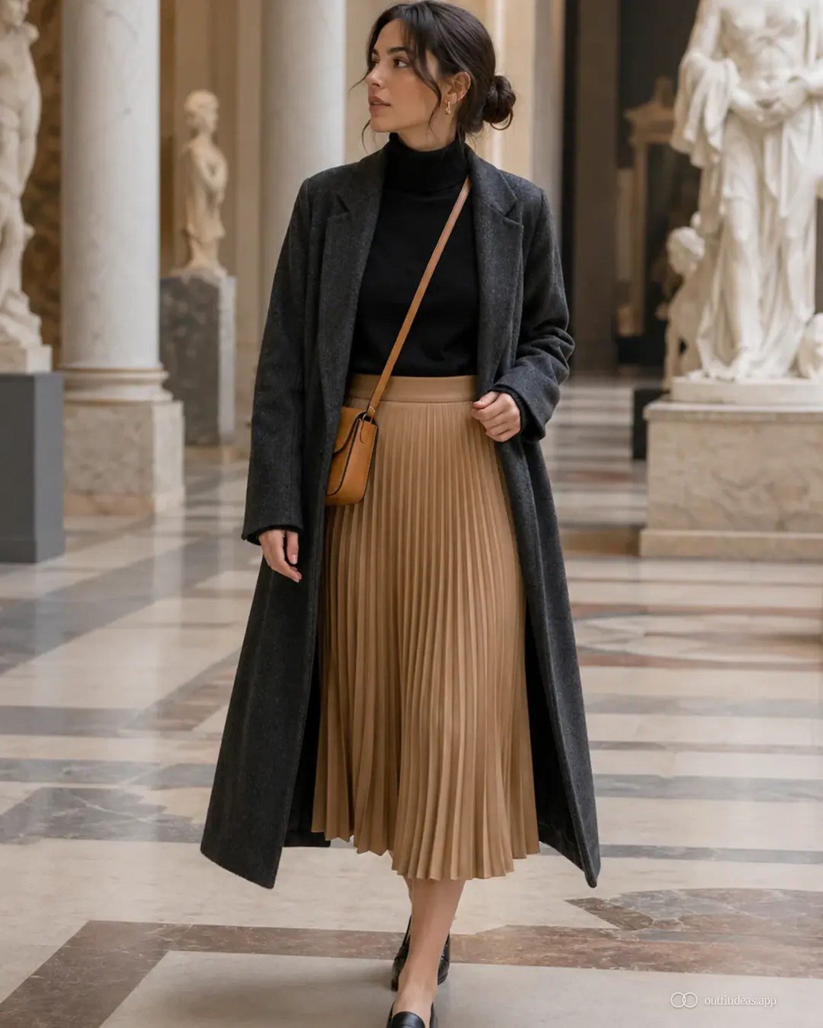 Woman in a chic winter coat for a museum day