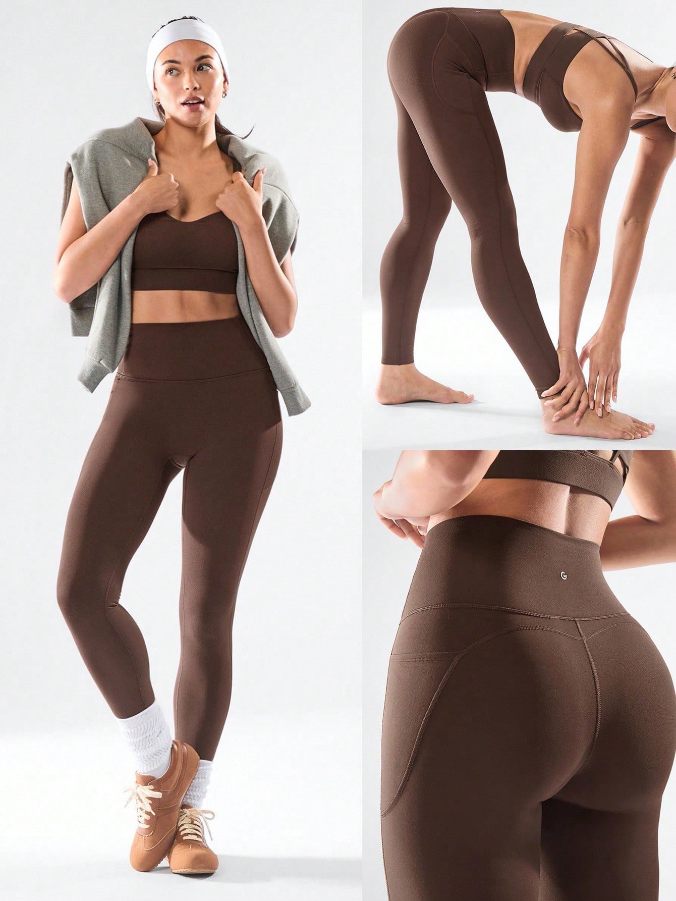 Warm winter pilates outfit leggings cozy studio layers woman