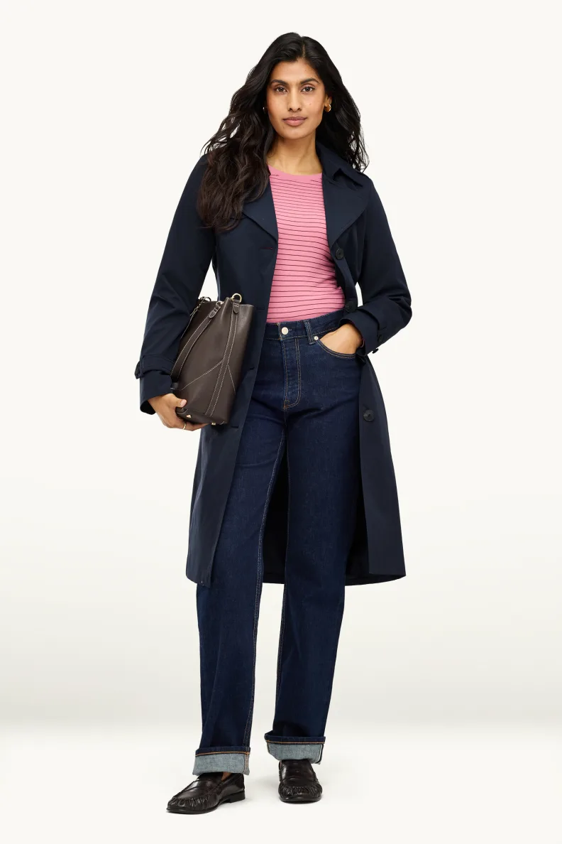 Trench coat with wide leg jeans and loafers fall casual chic