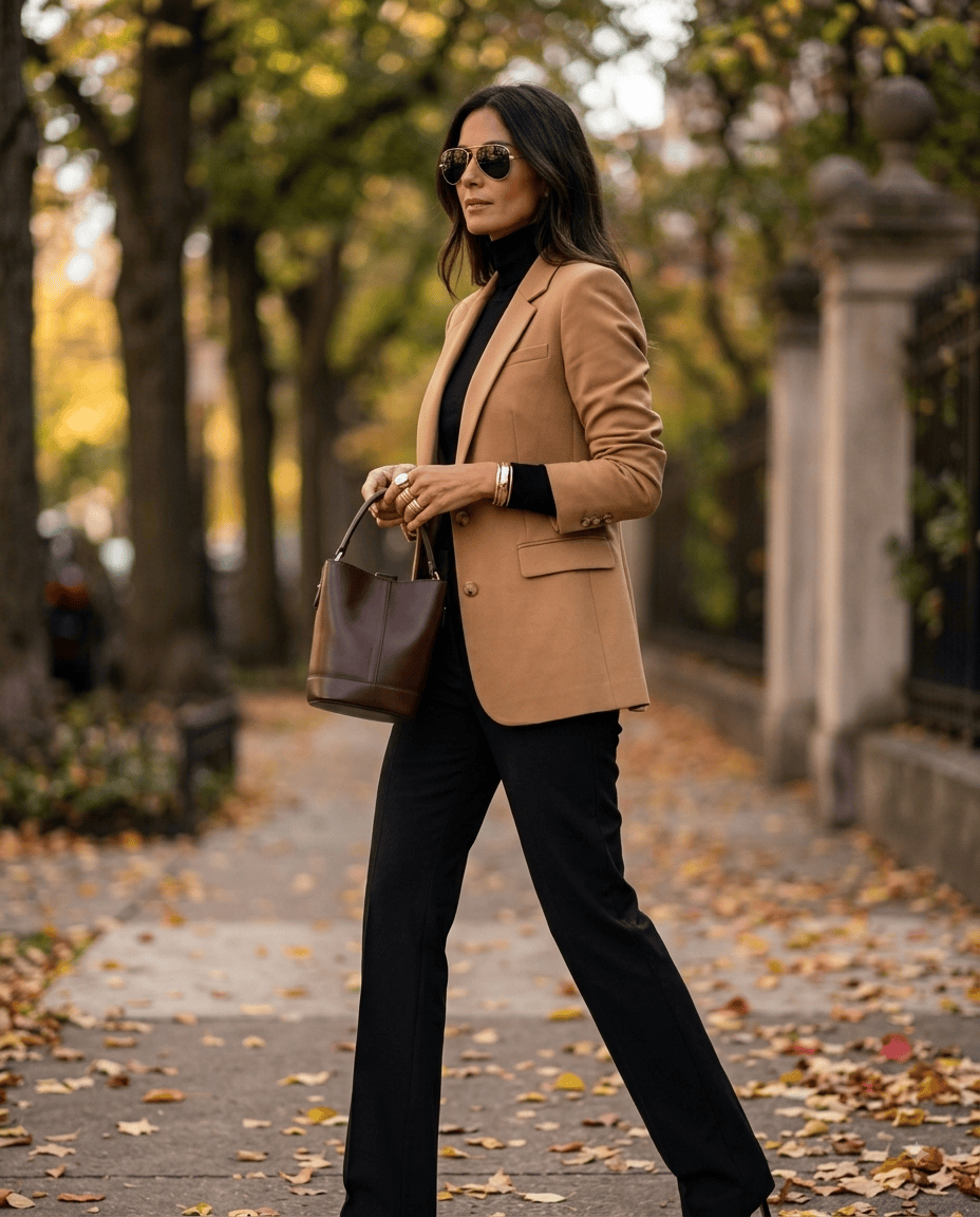 Camel blazer fall outfit