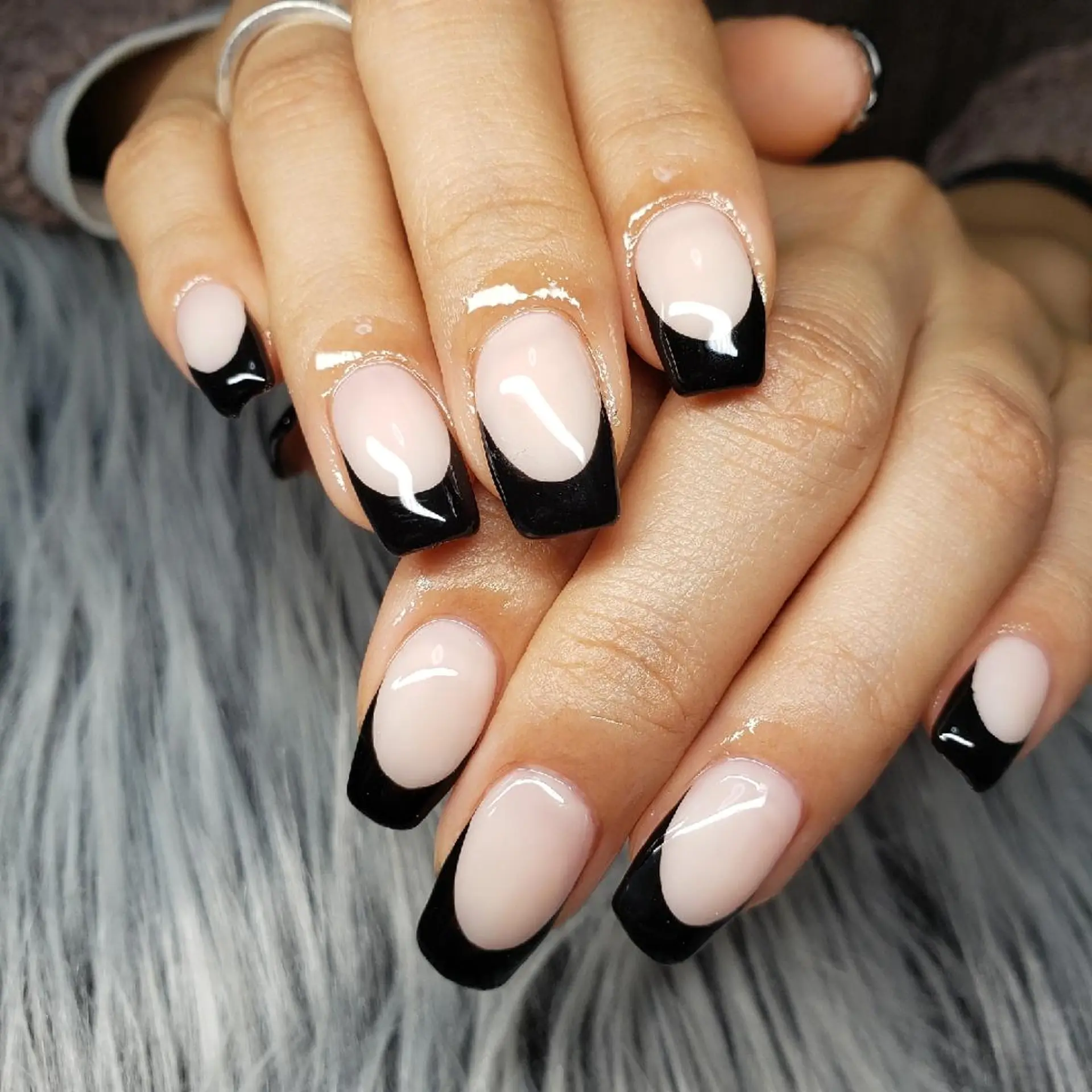 Elegant black micro French tip nails on nude for mature women