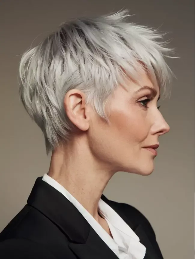 Pixie cut with long side swept bangs for older women