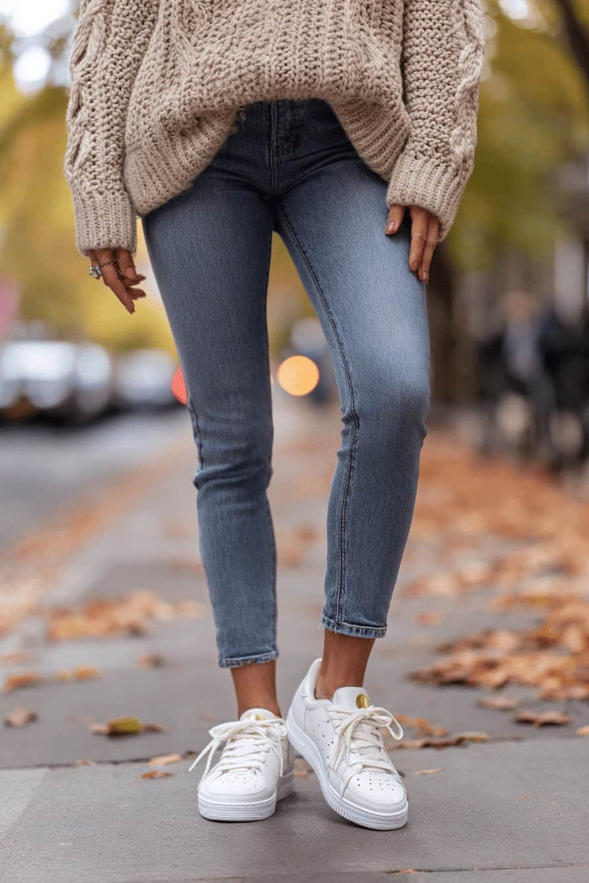 Woman wearing chunky sneakers with black leggings and an oversized beige sweater