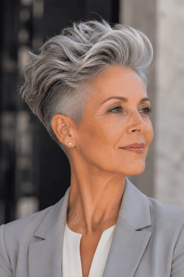 Modern asymmetrical pixie cut for older women