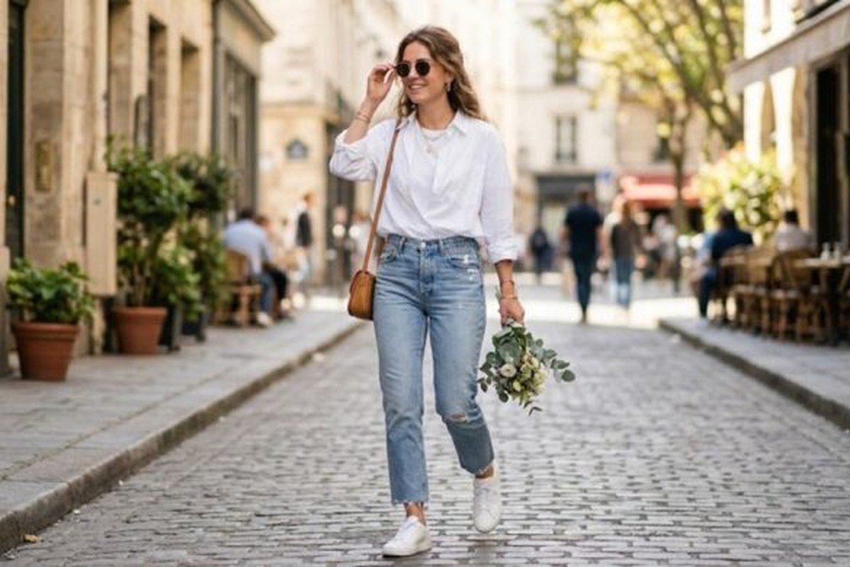 Woman wearing minimal white sneakers with tailored black trousers for work