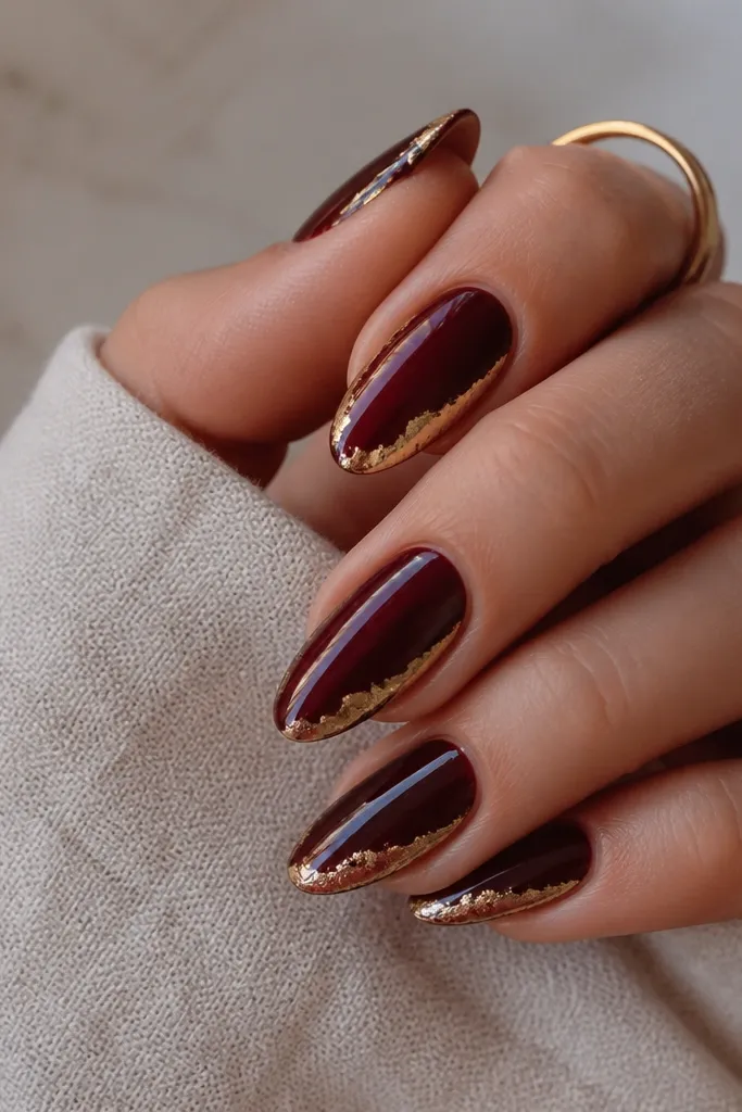 Oxblood Nails Gold Foil