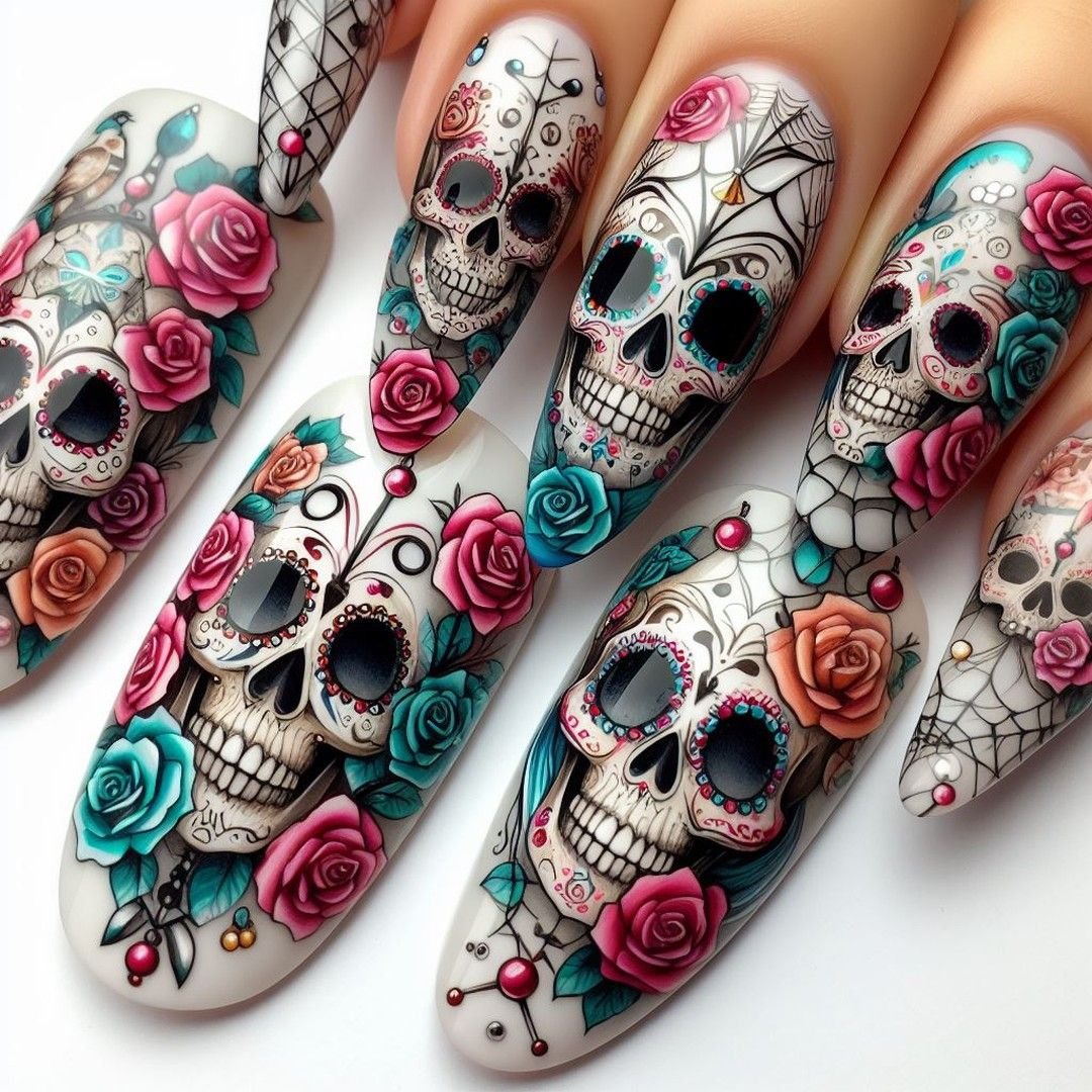 Sugar Skull Calaveras - Halloween nail art