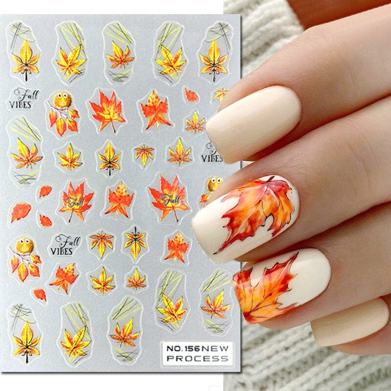 Fall leaf nail stickers over cream polish for beginners