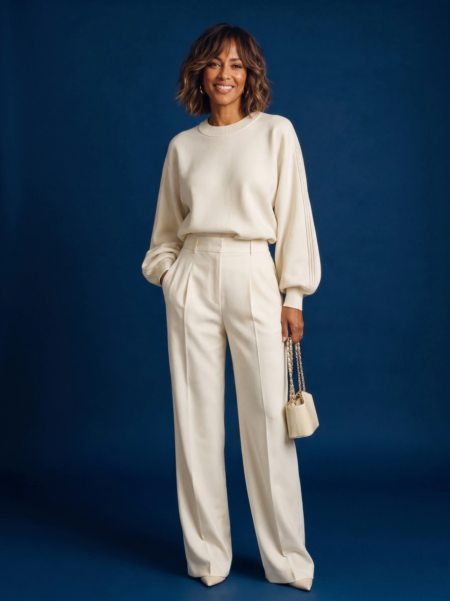 Woman in all-cream minimalist monochrome outfit