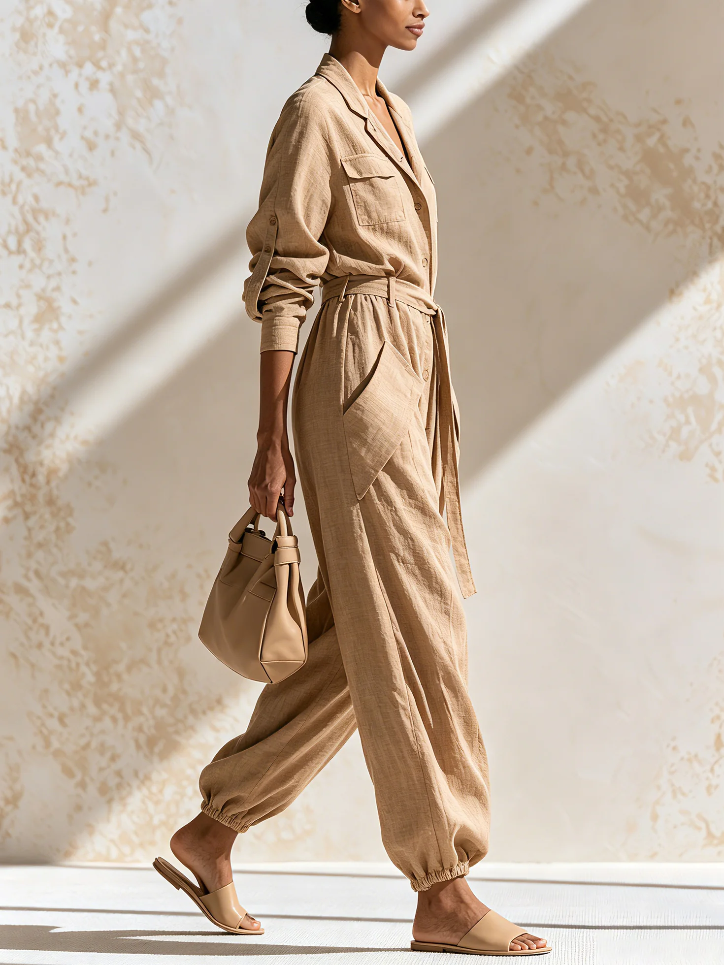 Woman in sand-colored utility jumpsuit