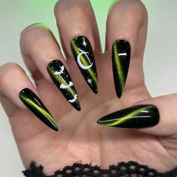 Black Cat-Eye Witchy Nails