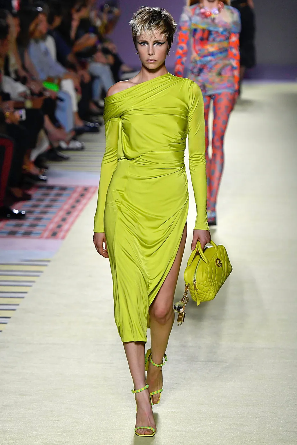 Woman in brat summer lime green outfit Halloween costume