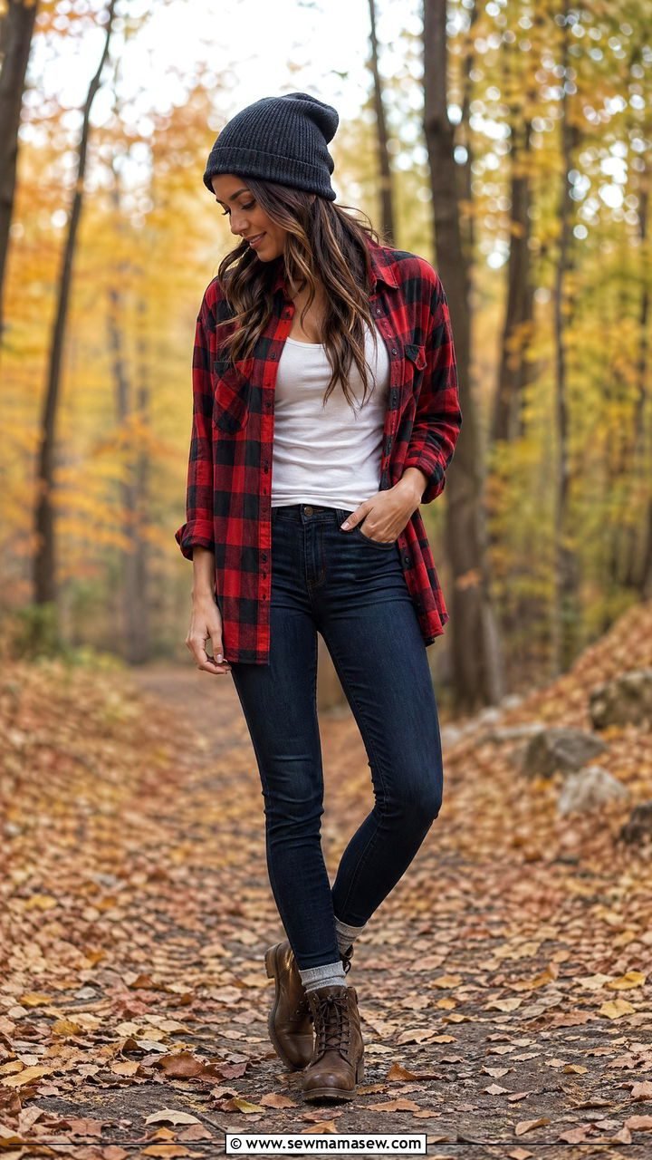 Woman in a plaid flannel shirt with jeans