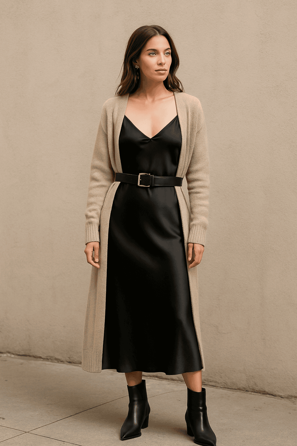 Cardigan over slip dress fall layering outfit