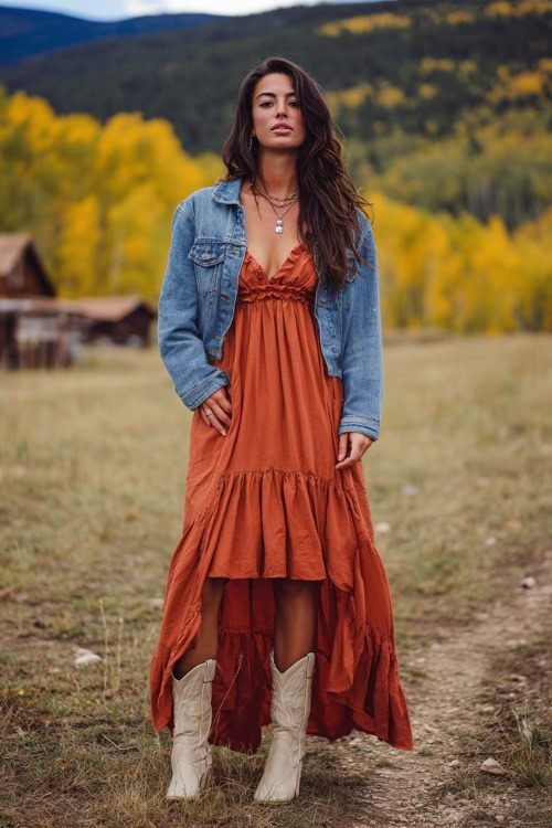 Woman in a flowy maxi dress with a denim jacket