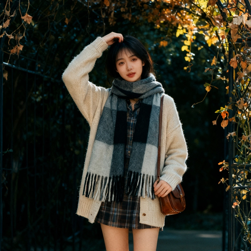 Cream cardigan with plaid scarf fall cozy style