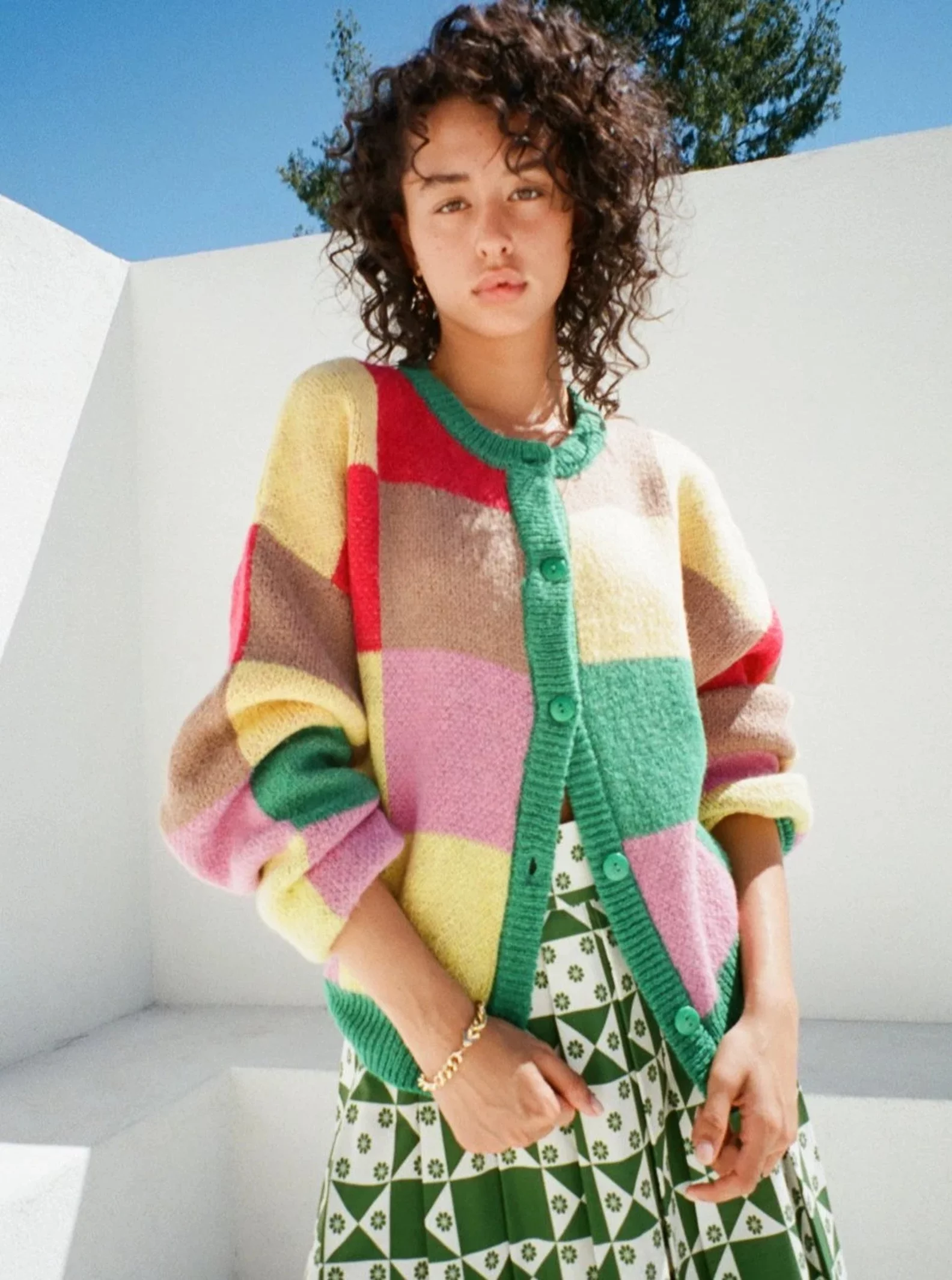 Colorful cardigan with neutral outfit fall dopamine dressing